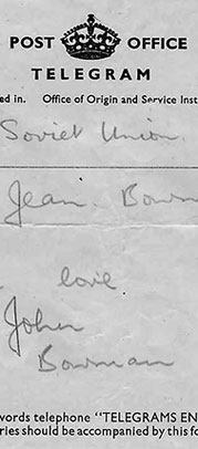 Detail of a telegram sent from the USSR by Jack to his wife between 10th and 16th August 1942 ? Bowman family archive